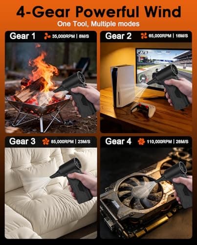 Efficore Super Power Compressed Air Duster – 110,000 RPM Cordless Electric Air Duster, 15W Fast Charging, 4 Speeds, Durable Mini Clean Duster - Replaces Canned Air for Keyboard, PC & Car Cleaning - Thumbnail 5