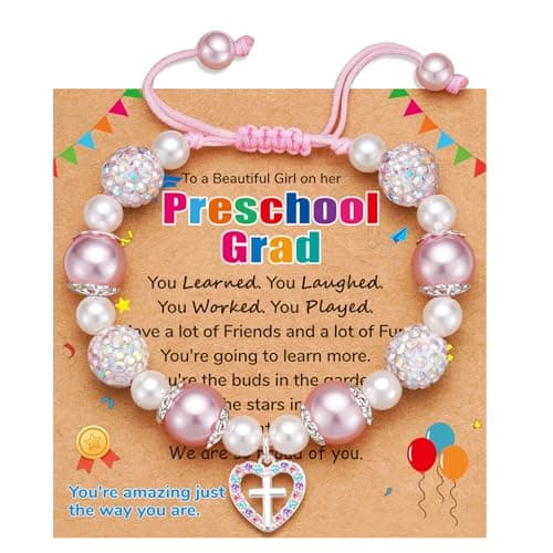 Esrial Graduation Gifts Cross Bracelet Adjustable Pink Pearl Heart Beaded Cross Bracelet Graduation Gifts for Daughter Granddaughter Niece - Image 1