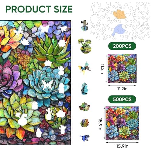 Delobi Stained Glass Puzzle Succulent Wooden Puzzles for Adults 200 Pieces, Unique Challenging Jigsaw Puzzles Gift for Friends Family Game Medium Size 11.2'' x11.2'' - Thumbnail 2