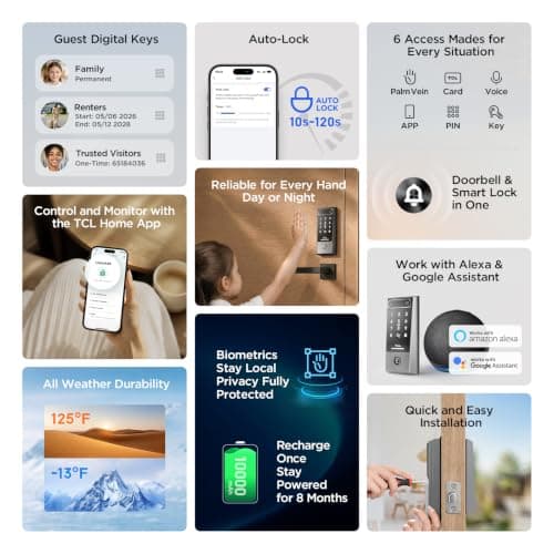 TCL Smart Lock D2 Pro, Palm Vein Keyless Entry Deadbolt, Wi-Fi Keypad Door Lock, Built-in Doorbell, 8-Month Battery, App & Voice Control, Works with Alexa & Google Home, Easy Install for Front Door - Thumbnail 6