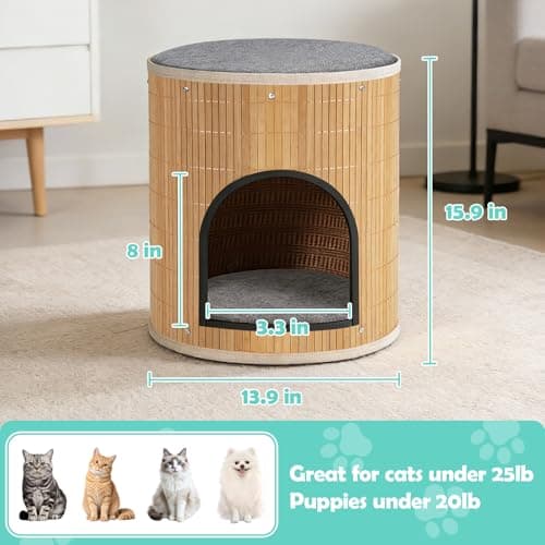 Cat Beds Indoor House, Handwoven Bamboo Cat Cave Pet Cube, Large Cat Houses, 2 Bed Mat, Foldable,Hideaway, 15.9x13.9 Inches, Living Room Bedroom Terrace Home Decoration Natural - Thumbnail 2