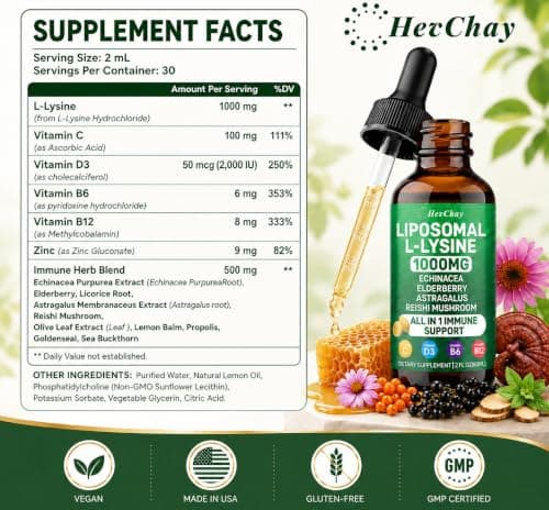 Liposomal Lysine 1000MG Liquid Drops, 16-in-1 L Lysine Supplement for Kids and Adults, Echinacea & Elderberry with Vitamin C, B6, D3, B12 & Zinc for Collagen, Lip, skin & Immune Support, 1 Pack - Thumbnail 2