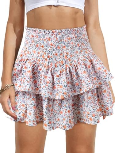 Vigorics Floral Ruffle Mini Skirt High Waisted Boho Linen Fall Skirt for Women Girls White Flower M - Image 1