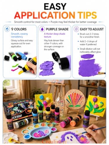 Glow in the Dark Acrylic Paint, 10 Colors 2oz/60ml Bright Neon Glow Paint, Long Lasting Black Light Fluorescent Paints for Outdoor Rocks, Canvas, Wood, DIY Craft, Glass, Night Party Decor. - Thumbnail 6