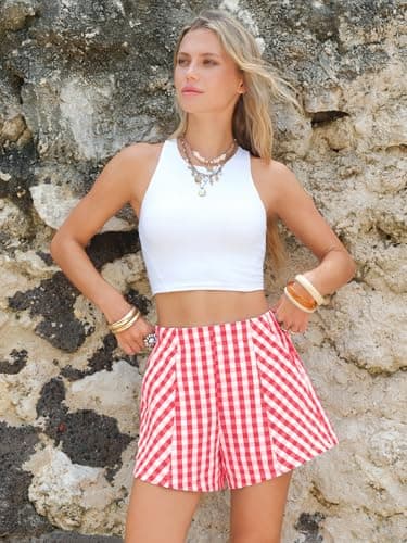 EXLURA Womens Cotton Boxer Shorts Faux Linen Gingham Shorts Summer High Waist Plaid Y2K Beach Bottoms Vacation Outfits 2026 - Thumbnail 6