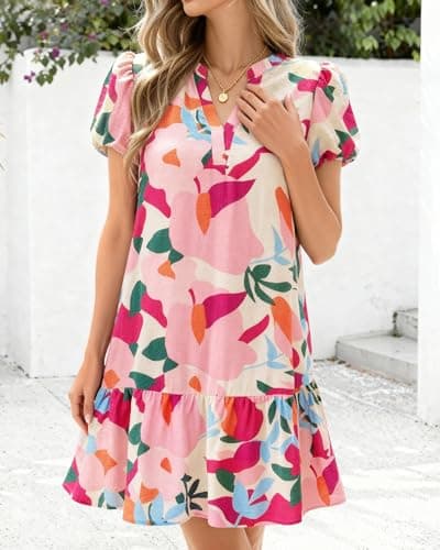 dowerme Womens Summer Dresses 2026 Puffy Sleeve V Neck Loose Floral Print A Line Boho Mini Babydoll Dress with Pockets(Apricot Rose Red Flower,XX-Large) - Thumbnail 3