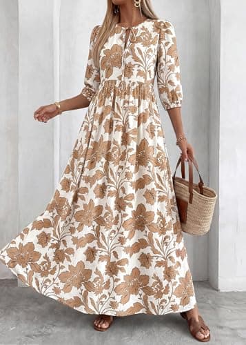 KIRUNDO Summer Dresses for Women 2026 Spring Wedding Guest Boho Floral 3/4 Sleeve Beach Vacation Cruise Flowy Maxi Dress(Khaki, Small) - Thumbnail 2