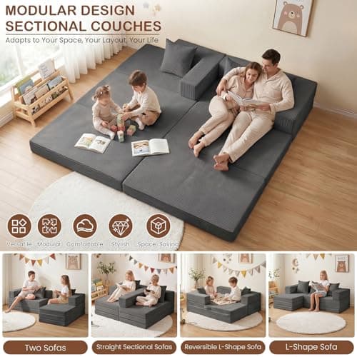 65'' L Shaped Couches for Living Room, Cloud Sectional Couch, Boneless Couch with Deep Seat Left Facing Chaise, Mini Modular Sectional 3 Seater Sofa for Apartment Furniture, No Assembly Needed, Grey - Thumbnail 3