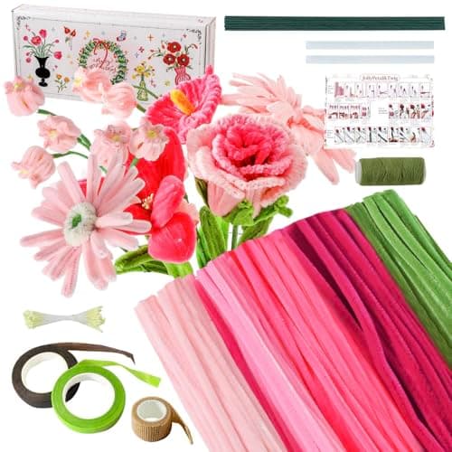JollyPetal&Twig Pipe Cleaners Craft 5 Colors,Chenille Stems Plush Craft Kit,Pink Pipe Cleaners Flowers Kit with Floral Tape for Wedding Gifts Graduation Bouquet (Pink)