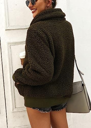 KIRUNDO Winter Clothing for Women Sherpa Pullover Fleece Zip Sweatshirt 2026 Fall Fashion Fuzzy Faux Shearling Warm Outwear(X-Large, Army Green) - Thumbnail 5