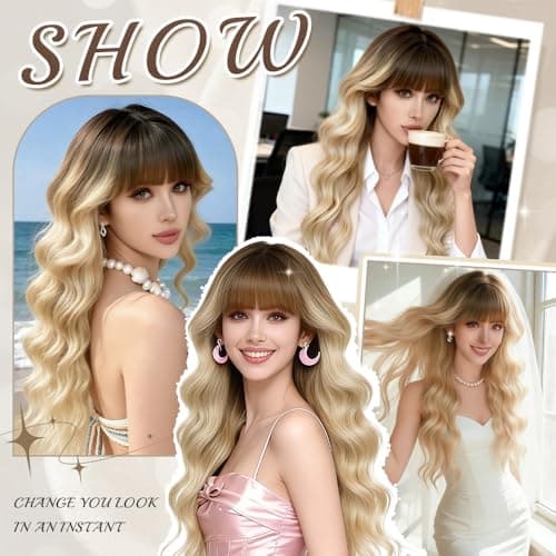 Potoki Ombre Blonde Wig With Bangs Natural Looking Long Curly Wavy Synthetic Wigs For Women Heat Resistant Synthetic Fiber Wigs for Daily Party Use 26 Inches(Ombre Dirty Blonde) - Thumbnail 6