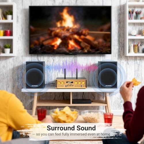 All-in-One 500W Power Amplifier for Home Audio, Bluetooth 5.0 with 2 HiFi Speaker&Wireless UHF Microphones, 2 Channel Stereo Amplifier Set for Home/Party/Music, USB/TF/AUX, Remote Control (Gold) - Thumbnail 2