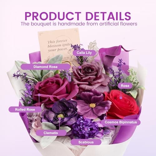TINGE TIME Mothers Day Preserved Flowers Bouquet, Forever Flowers Gifts for Mom, Birthday Gifts for Women, Eternal Roses Bouquet for Grandma Wife Anniversary Graduation(Purple) - Thumbnail 2