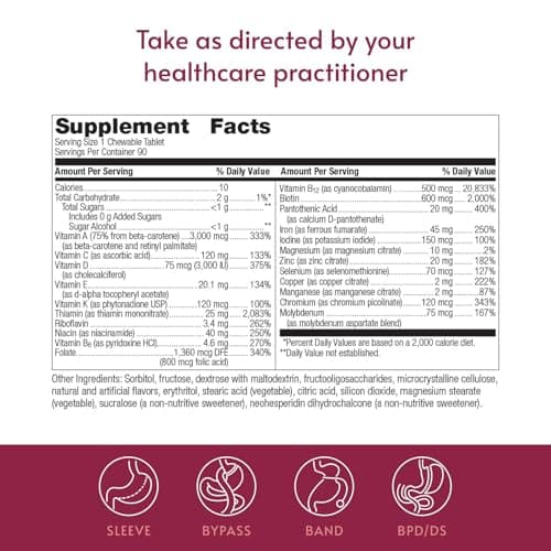 Bariatric Advantage Chewable Ultra Solo with Iron - Once-Per-Day Daily Multivitamin - for Bariatric Patients - with Thiamin, Vitamin A & More - Gluten Free - Citrus - 90 Tablets - Thumbnail 4