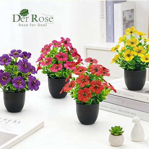 Der Rose 4 Pack Fake Plants in Matte Black Pot DIY Assembly Mini Artificial Flowers, Spring Home Decor for Office Desk Bedroom Bathroom - Thumbnail 6