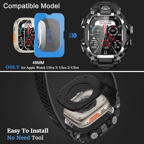 SUPLINK Rugged Case with Band for Apple Watch Ulltra 3 Band/ 1/ Ultra 2, Compatible with 49mm Apple Watch Bands Men, Protective Bumper Cover Screen Protector Kit for iWatch Bands (Silver) - Thumbnail 6