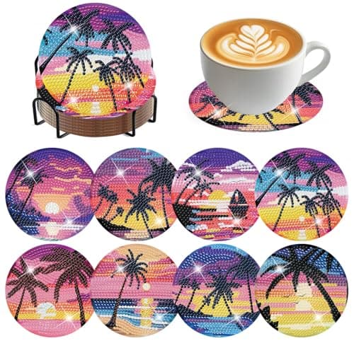 ijbnhd 8 Pcs Diamond Art Coasters Kits, Sunset Diamond Painting Coasters Kit with Holder, Diamonds Art Non Slip Coaster Crafts Kits for Adults Gifts 4x4 inch (Cork Wooden Pad)
