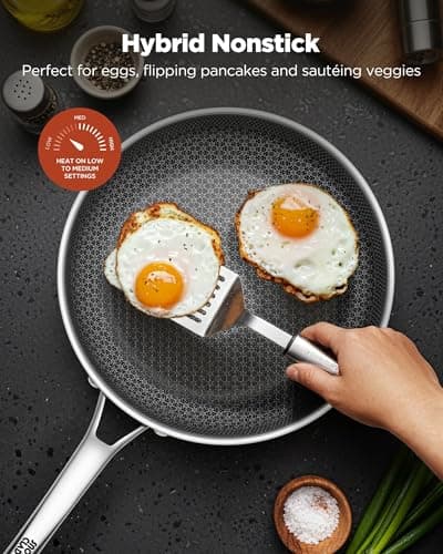 Yonida Non Stick Frying Pans with 2 Lids, 8+10+12 inch, Hybrid Frying Pans Set Nonstick,Skillets Stainless Steel Fajita, Dishwasher & Oven-Safe, Induction Compatible Cooking Pan, PFOA Free Cookware - Thumbnail 3