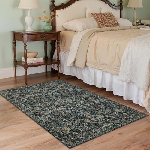 Luxcrest Green 3x5 Area Rug: Vintage Floral Washable Rugs for Entryway Kitchen Bedroom Indoor - Non-Slip Stain Resistant Thin Low Pile - Dark Green - Thumbnail 4