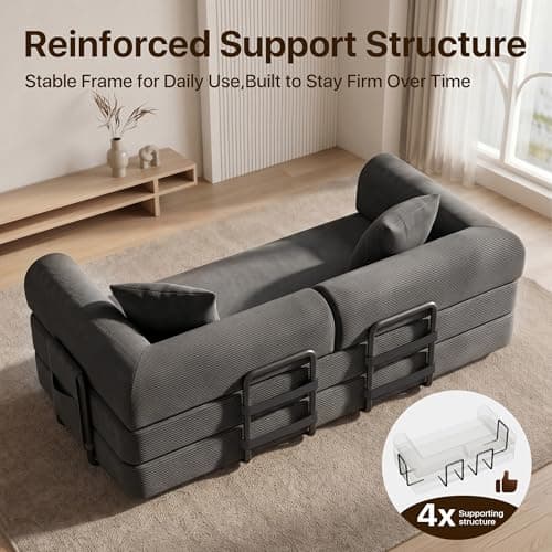 POWERFUEL 5-in-1Convertible Sofa Bed, 79" Compressed Sofa,Corduroy Boneless Couch with Pillow, Comfy Modular Foldable Floor Sleeper Sofa for Bedroom, Living Room, Lounge, Studio,1200 lbs Capacity - Thumbnail 5