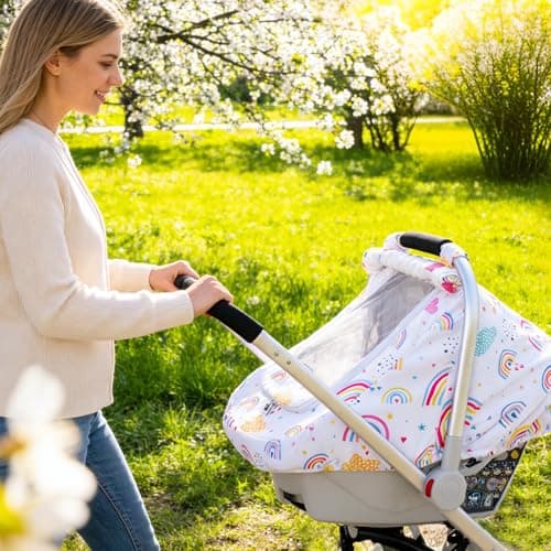 Baby Car Seat Cover for Doona, Infant Car Seat Cover with Privacy Sun Shade & Mesh Window, Breathable Carseat Cover Baby Girls, Protective Baby Carrier Cover for Newborn Shower Gift - Thumbnail 6