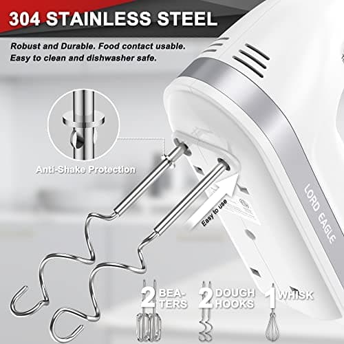 Lord Eagle Hand Mixer Electric Handheld 400W, 5-Speed Lightweight Kitchen Mixer with Storage Case, 5 Stainless Steel Attachments for Baking Cake Egg Cream Food Beater, Turbo+Eject Button - Thumbnail 4