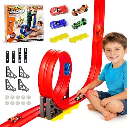 Innovakids Flexible Race Track for Kids - 16.4 Ft Portable Rolls Up Circular Tracks with Bracket 4 Racing Cars Suction Cup, 3+ Years Car Ramp Kids Toy Compatible with Normal Diecast 1/64th Cars (Red)
