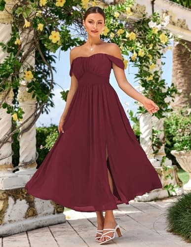 GRACE KARIN Summer Wine Red Dress for Women 2026,Off The Shoulder Smocked Bridesmaid Dresses,Formal Baby Shower Maxi Dresses S - Thumbnail 2