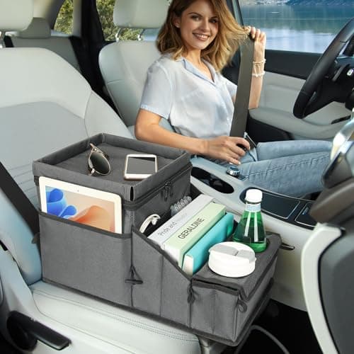 Car Seat Organizer, Backseat Car Organizer with Cup Holder Tray and Storages for Kids and Adults, Portable Travel Cooler for Car for Front or Back Seat Passenger Organizer Ccompartment (Grey) - Thumbnail 5