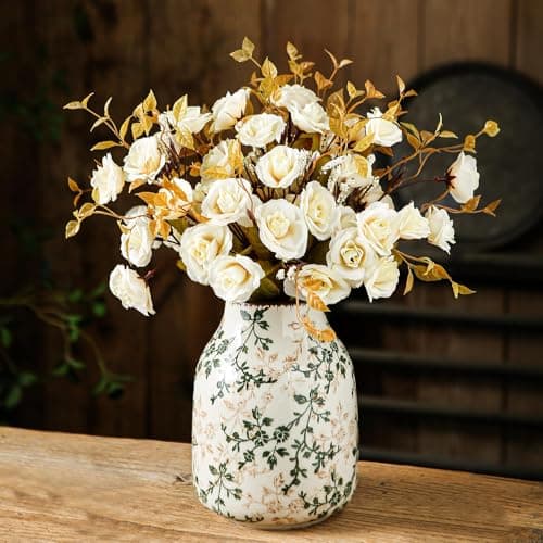 Green & Beige Vintage Chinoiserie Ceramic Vase 7.8”, Floral Rustic Decorative Vase for Living Room, Bookshelf, Office, Grandmillennial & Tuscan Decor - Thumbnail 6