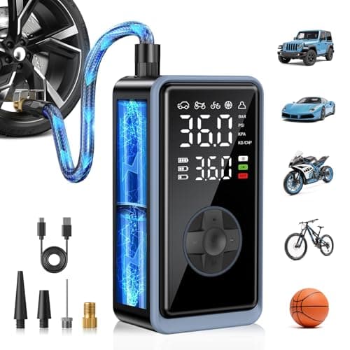 Tire Inflator Portable Air Compressor - 150PSI Cordless Air Pump for Car Tires, Portable Tire Inflator for Car, Air Compressor with Pressure Gauge/LED Light for Auto/Bike/Motorcycle/Ball (Dark Black)