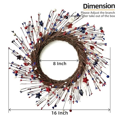 HipTree 16 Inch Patriotic Wreath for Front Door, 4th of July Wreath with Red White Blue Stars & Sprouts for Memorial Day, Independence Day,Veterans Day, Flag Day,Summer Decorations - Thumbnail 3