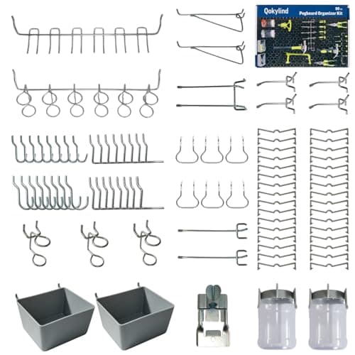 Qokylind Pegboard Accessories Organizer Kit, 90PCS Hooks Assortment with Bins and Jars, Heavy Duty Tool Hangers for Garage Storage, Workshop Wall Organization - Image 1