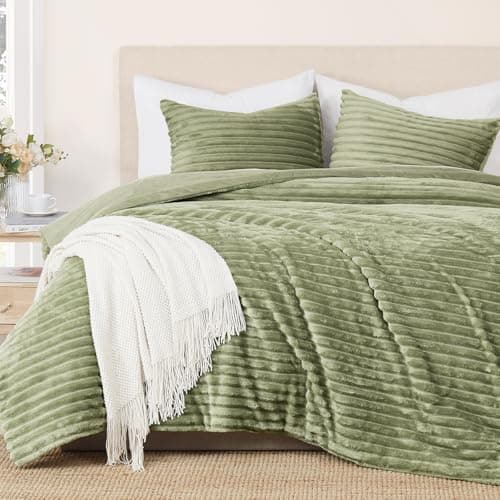 Geniospin Fleece Queen Comforter Set, Soft Fuzzy Queen Bedding Sets, 3-Pieces Green Comforter Set for All Season, Warm Fluffy Comforter with 2 Pillow Cases