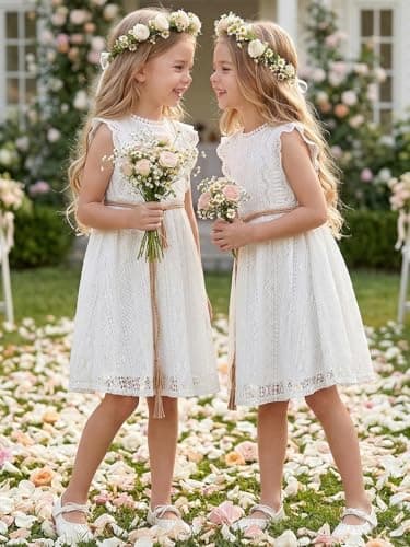 ALLOVIN Toddler and Girls Vintage Boho A-Line Lace Dress with Belt Pom Pom Trim Birthday Party Dress | White | 6-7Y - Thumbnail 3