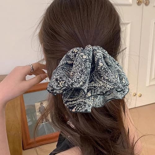 Jseng 2PCS Extra Large Scrunchies for Hair, Boho Floral Hair Ties, Beige and Black - Thumbnail 5