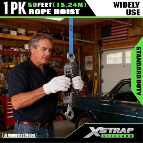 XSTRAP STANDARD Heavy-Duty 2,000LB 50 Feet Rope Hoist Pulley 1 Ton Wheel Block and Tackle System 5:1 Ratio Lifting Power with 2PK 18 Inch Soft Loops (Upgraded 50ft Black) - Thumbnail 4