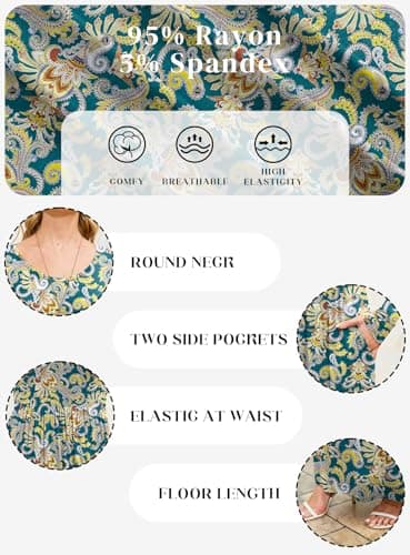 DEARCASE Maxi Dress for Women Feather Cyan XX-Large Round Neck Boho Long Sleeves Wedding Guest A-line Casual Hawaiian Empire Waist Flowy Party Vintage Spring Fall Winter Floor Dresses with Pocket - Thumbnail 6