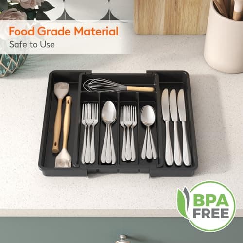 Lifewit Expandable Silverware Organizer, Plastic Utensil Tray for Kitchen Drawer, BPA Free Flatware Cutlery Holder, Space-Saving Storage for Spoons Forks Knives, 8.5-14 x 12 x 1.5 inch, Black - Thumbnail 6