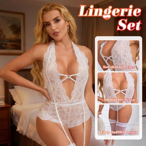 424 Women's Crotchless Lingerie Set Outfits Lace Bodysuit with Garter Belt Stockings Naughty Tedddy One Size fits most - Thumbnail 3