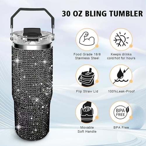 30oz Bling Rhinestone Studded Tumbler with Top Handle, Bling Cups Stainless Steel Water Bottle Diamond Glitter Tumbler for Women - Birthday Gifts for Women, Mom,Get Well Soon Gifts (Black) - Thumbnail 2