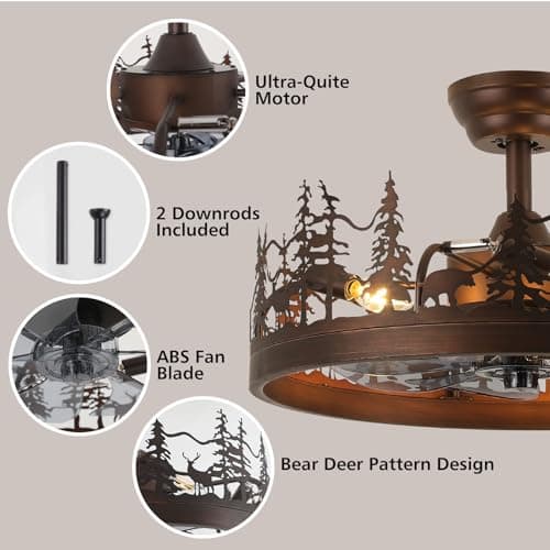 Merexcint Farmhouse Rustic Ceiling Fan with Light, 21" Vintage Cage Ceiling Fans with Lights, Rustic Ceiling Fan for Living Room, Bedroom, Hallway, Entryway Lighting - Thumbnail 5