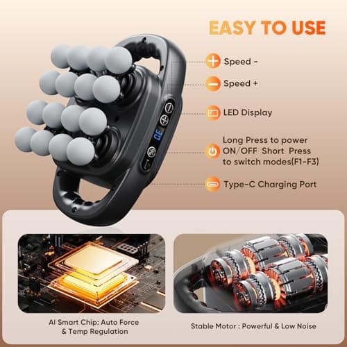 HOTU Massage Gun Deep Tissue, 16-Head Back Massager for Body Muscle Pain Relief, 3 Modes & 30 Intensities Portable Electric Quiet Multi Mini Handheld Percussion Massagers Leg/Waist/Shoulder/Hip/Foot - Thumbnail 6
