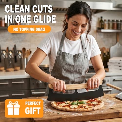 Pizza Cutter Rocker Blade 14 Inch - Razor Sharp Stainless Steel Slicer Knife Slice Pizza with Ease, Stylish Rubbre Wood Handle,With Protective Cover - Professional Pizza Oven Accessories。 - Thumbnail 5