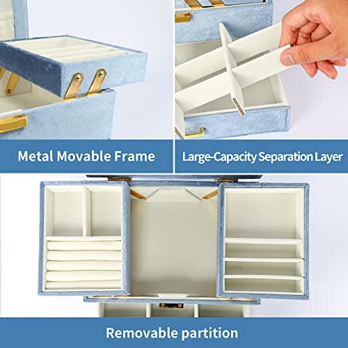 Dajasan Velvet Jewelry Boxes for Women Girls, Jewelry Organizer Box, Jewelry Storage Organizer for Rings Necklaces Bracelets Watch Earring (Blue) - Thumbnail 4