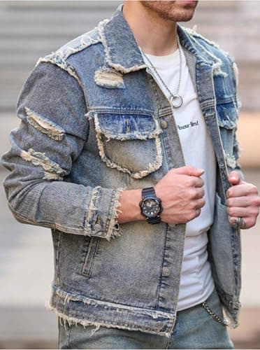 Huang's Men's Denim Jacket with Distressed Ripped Details Classic Fit Non - Stretch Fabric Cool Stylish Caual Coat (US, Alpha, XX-Large, Regular, Regular, Y043) - Thumbnail 2