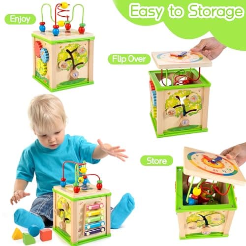 WOODMAM Wooden 7-in-1 Activity Cube| Montessori Toys for 1 Year Old Toddlers| Baby Educational Developmental Toys |One Year Old Boys Girls First Birthday Gifts |Bonus Sorting & Stacking Board - Thumbnail 6