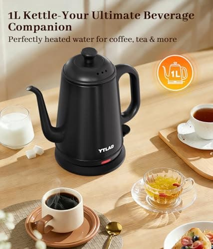 YTLAD Gooseneck Electric Kettle 1L, 1000W Fast Boiling for Pour-Over Coffee & Tea, 304 Stainless Steel BPA-Free, Precise Flow Spout, Auto Shut-Off & Boil-Dry Protection, Retro Style (Black) - Thumbnail 4