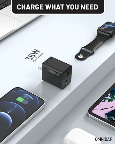 Omnibar 35W USB C Charger, 2-Port GaN Compact Type C Charger Fast Charging Block, Foldable PD 3.0 PPS Power Adapter with 4FT USB-C Cable for iPhone 17 16, Galaxy S26 S25, iPad Pro, Speakers, AirPods 4 - Thumbnail 6