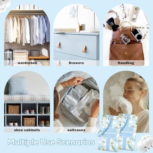 SCENTORINI Scented Sachets for Drawers and Closets, Pure Cotton Scent 14 Pack, Long-Lasting Sachets Bags Wardrobe Freshener, for Luggage, Wardrobe, Cupboard, Handbag, Suitcases, Small Space - Thumbnail 6